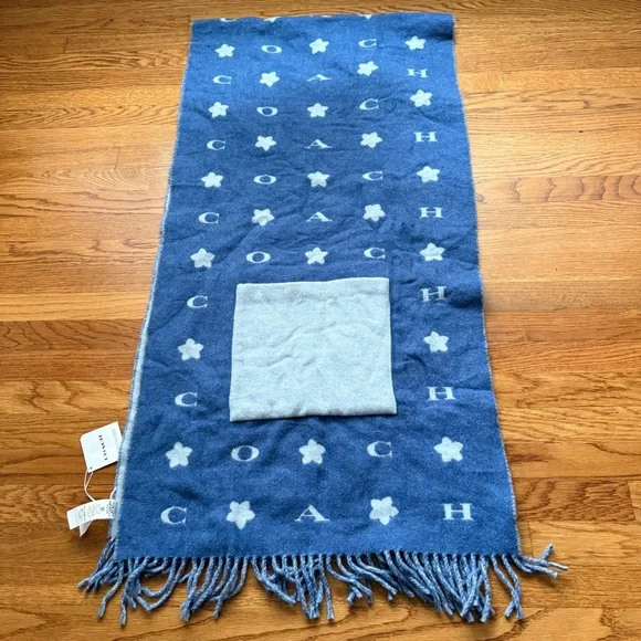 Coach muffler oversized wool blend sky blue pocket scarf NEW